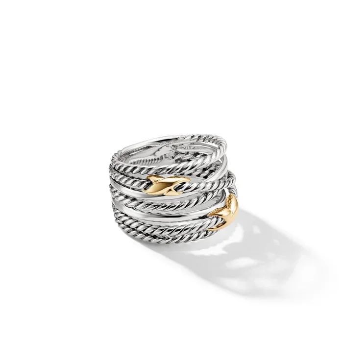 Double X Crossover Ring in Sterling Silver with 18K Yellow Gold, 13mm
