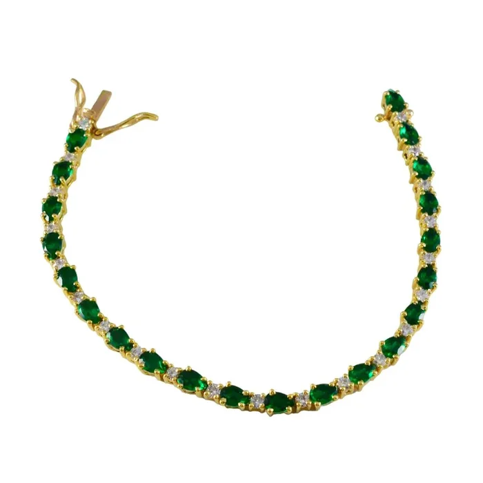 Emerald CZ American Independence Day Slim Green Sterling Silver Tennis Bracelet