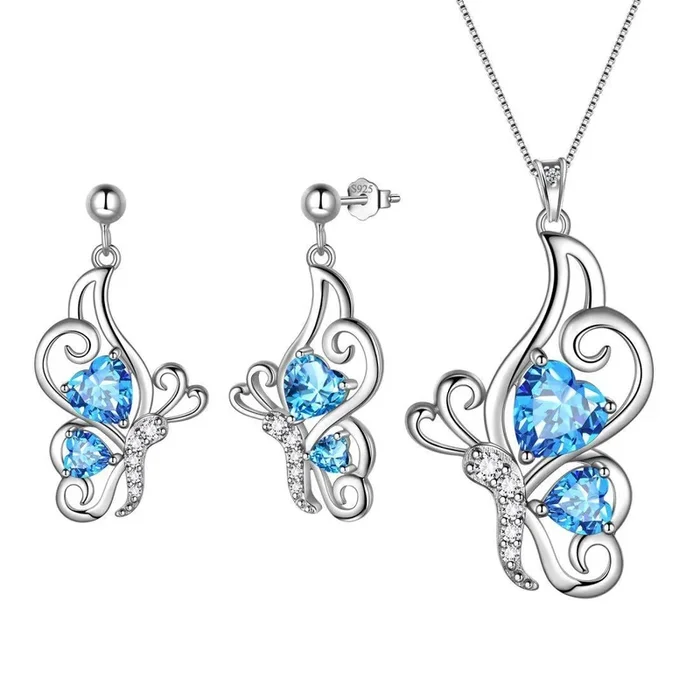 Ensemble de bijoux 3 pièces avec pierre de naissance papillon, aigue-marine de mars, cadeau d’anniversaire pour femmes et filles