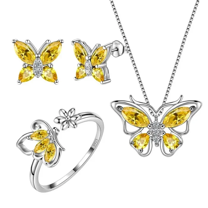 Ensemble de bijoux en Citrine de novembre avec pierre de naissance papillon, 4 pièces, cadeau d’anniversaire pour femmes et filles