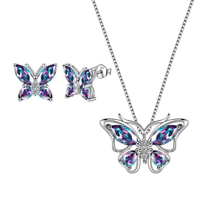 Ensemble de bijoux en topaze mystique papillon arc-en-ciel, 3 pièces, cadeau pour femmes et filles, en argent sterling