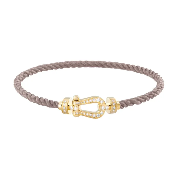 Fred Force 10 bracelet medium model in yellow gold, diamond-paved and taupe cable – Lepage
