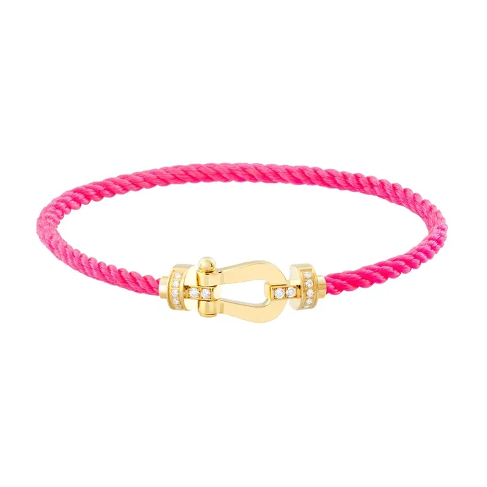 Fred Force 10 bracelet medium model in yellow gold, diamonds and fluorescent pink cable – Lepage