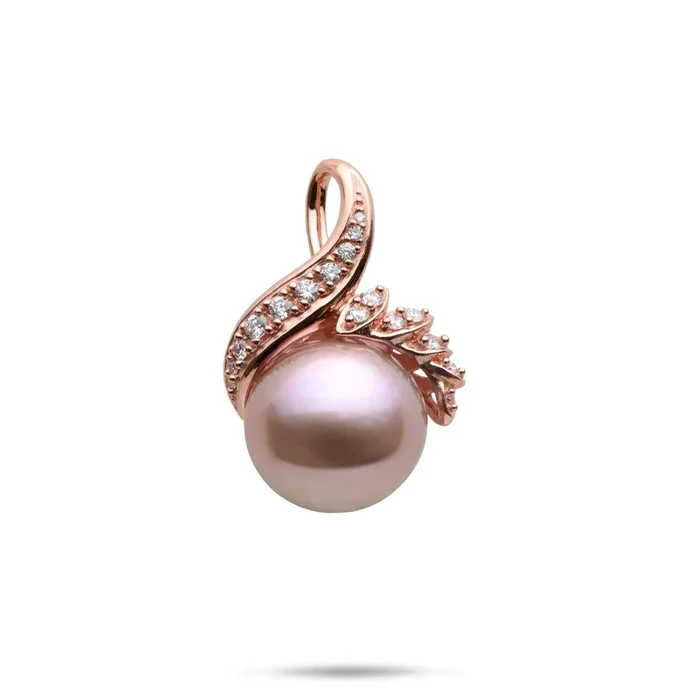 Freshwater Lilac Pearl Pendant in Rose Gold with Diamonds – 13-14mm