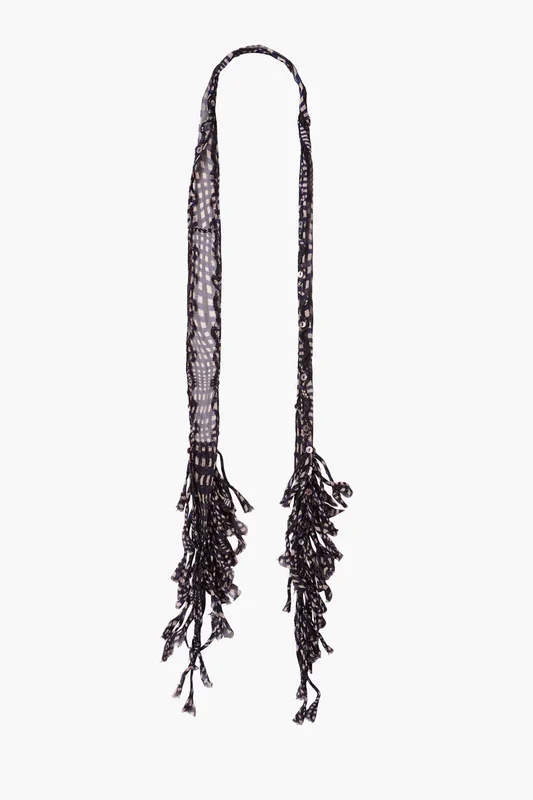 Fringe Skinny Scarf Blue Warped Plaid