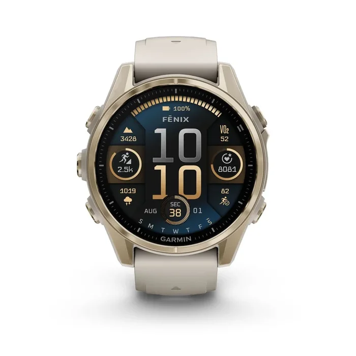 Garmin Fenix 8 AMOLED Sapphire Titanium Soft Gold watch with ash grey silicone strap 43 mm – Lepage