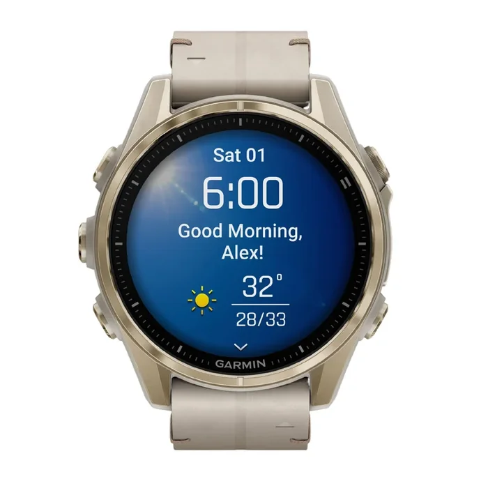 Garmin Fenix 8 AMOLED Sapphire Titanium Soft Gold watch with beige leather and ash grey silicone straps 43 mm – Lepage