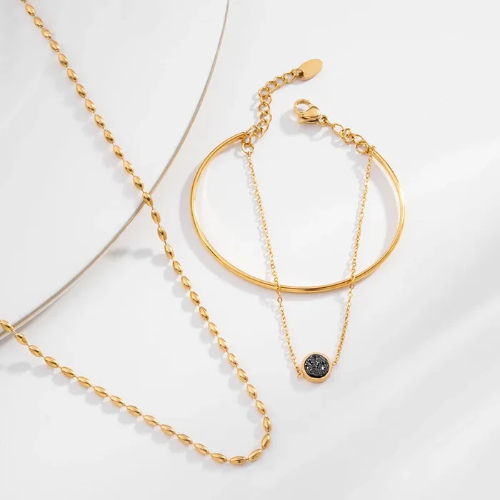 Gold Beaded Necklace & Double Layer Stone Cuff Bracelet Combo Set