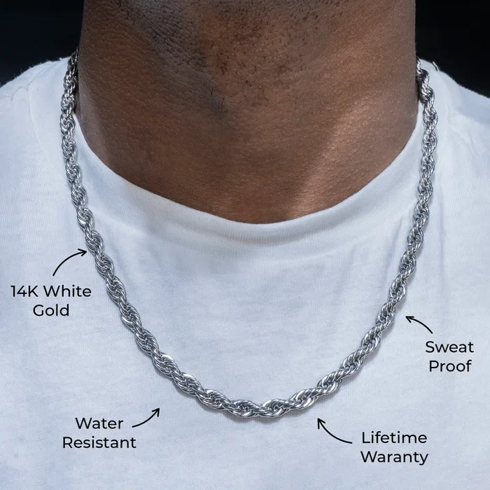 Gold Jewelry – Mens 14K White Gold Solid Rope Chain