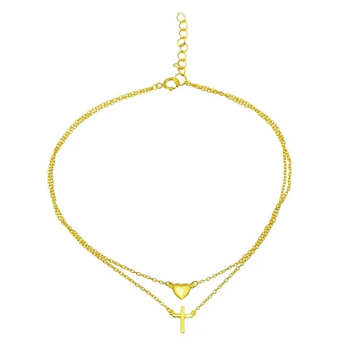 Gold Plated 925 Sterling Silver Cross and Heart Anklet – BGF00019GP