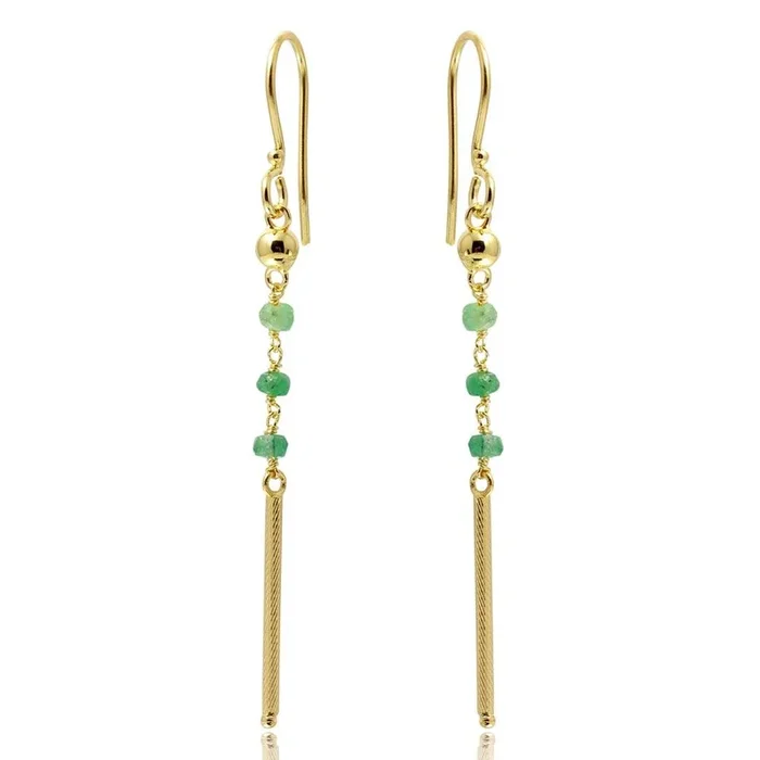 Gold Plated 925 Sterling Silver Dangling 3 Green Bead with Matte Gold Bar Earrings – DIE00009GP-EM