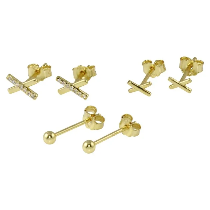 Gold Plated 925 Sterling Silver Plain X and Ball CZ Set – STES00009GP