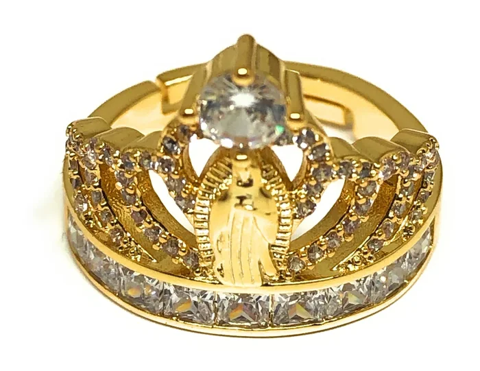 Gold Plated CROWN Virgin Mary CZ Ring Virgen Guadalupe Anillo Adjustable Sizes (5-12)