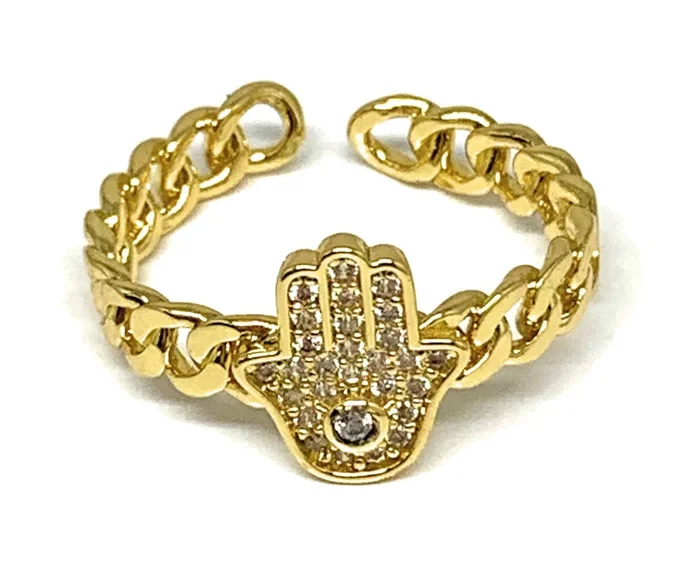 Gold Plated CZ Hamsa Hand Eye Adjustable Ring Anillo