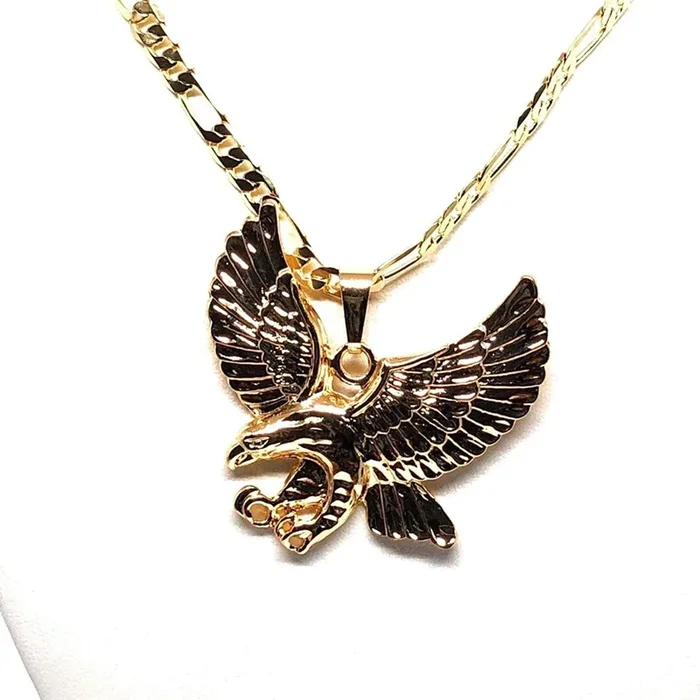 Gold Plated Eagle Pendant Necklace Figaro 26″ Aguila Grande de Oro Laminado