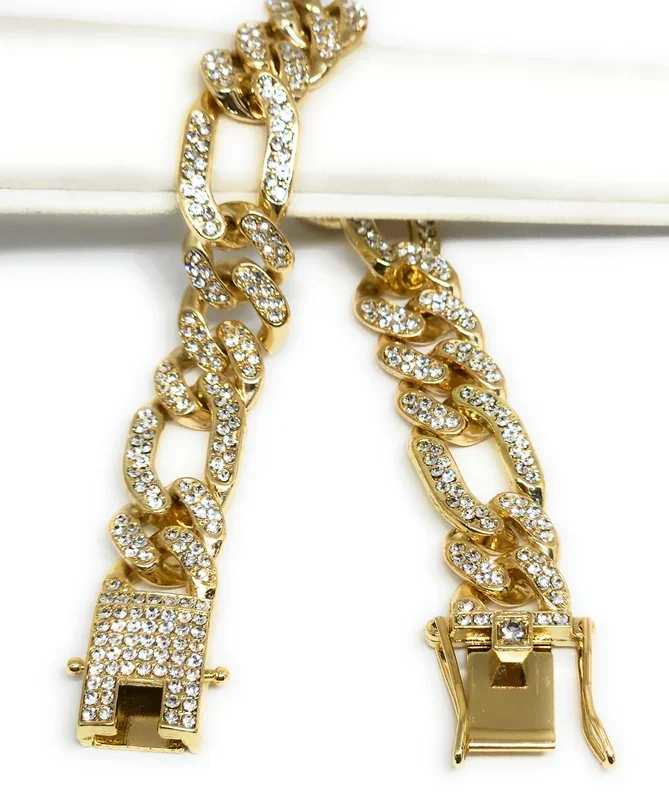Gold Plated FIGARO ICED OUT CZ Bracelet 8″ 13MM Width