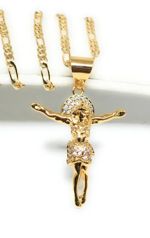 Gold Plated Iced Out CZ JESUS BODY Pendant 24″ FIGARO Chain