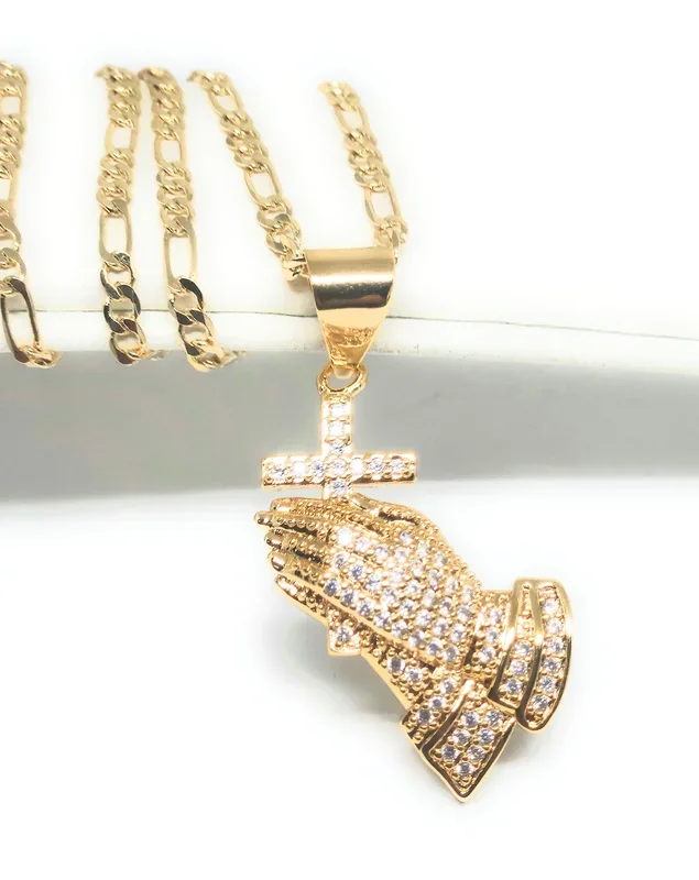 Gold Plated Iced Out CZ Praying Hands with Cross Pendant 24″ FIGARO Chain