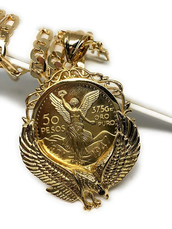 Gold Plated Mexican Coin Centenario Mexicano con Aguila Replica Oro Laminado Con Cadena Figaro 26″ 7mm