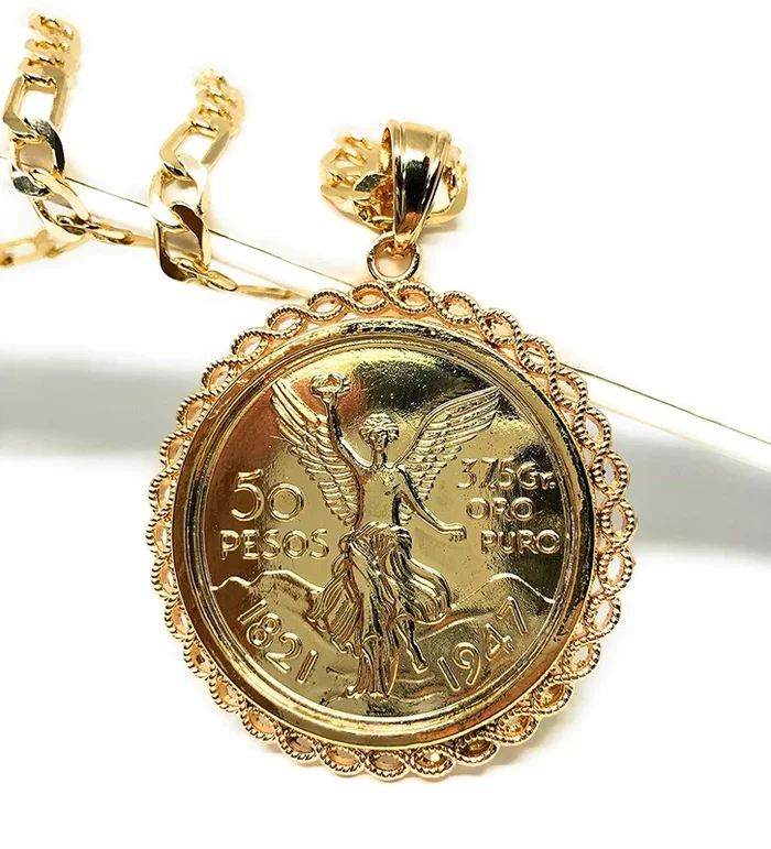 Gold Plated Mexican Coin Mexican Centenario Mexicano Replica de Oro Laminado Con Cadena de 26″