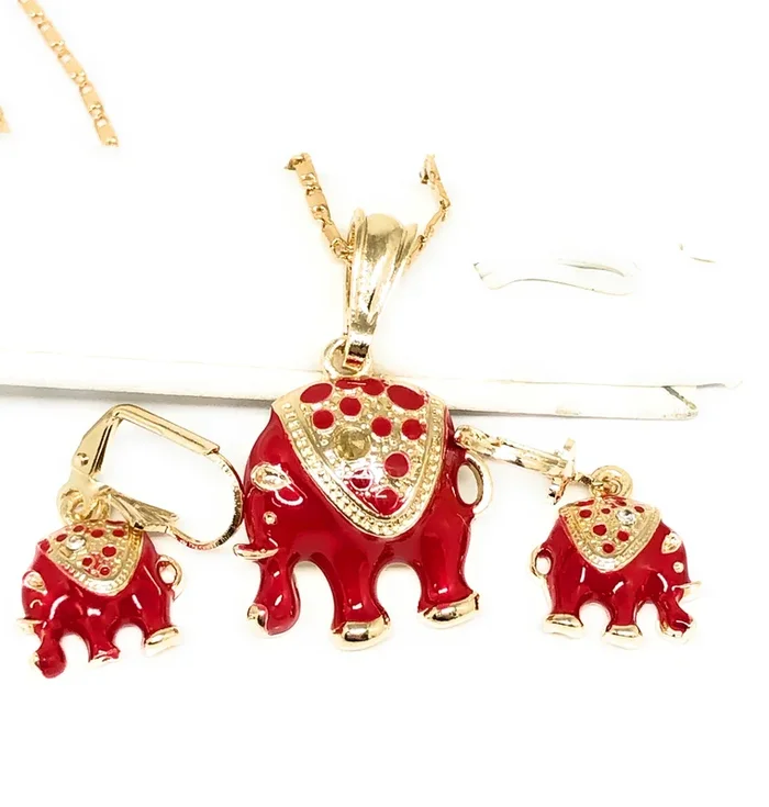 Gold Plated RED Elephant SET (NECKLACE, EARRINGS)