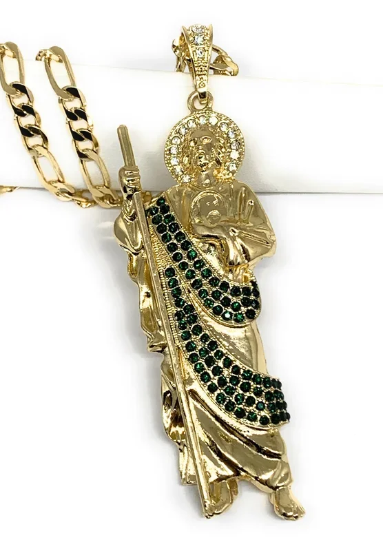 Gold Plated Saint Jude BIG XL Pendant Green CZ Necklace Figaro San Judas Tadeo Medalla