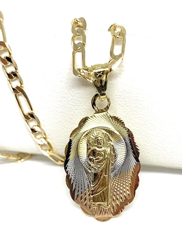 Gold Plated Saint Jude Pendant Laser Cut Oval Pendant Necklace Figaro 24″ San Judas Tadeo Medalla