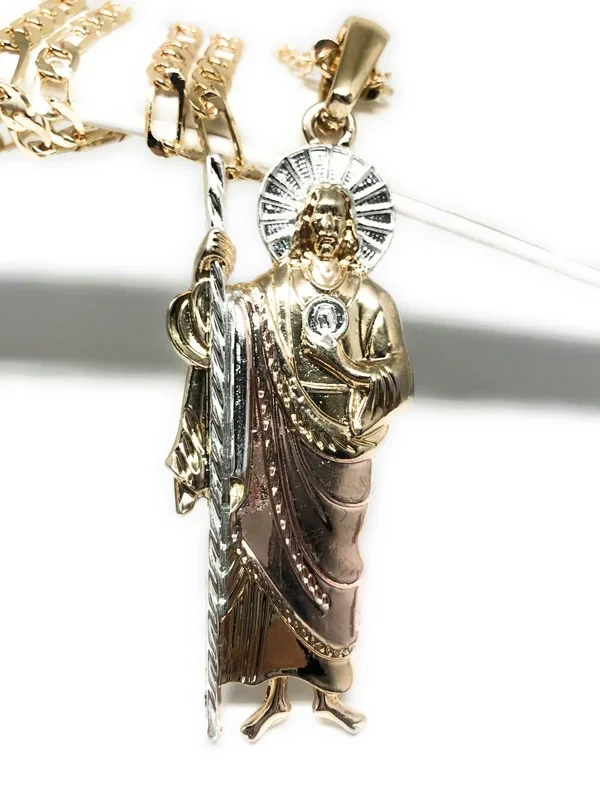 Gold Plated Saint Jude Pendant Necklace 26″ / San Judas Tadeo Grande Tres Colores Cadena Oro Laminado