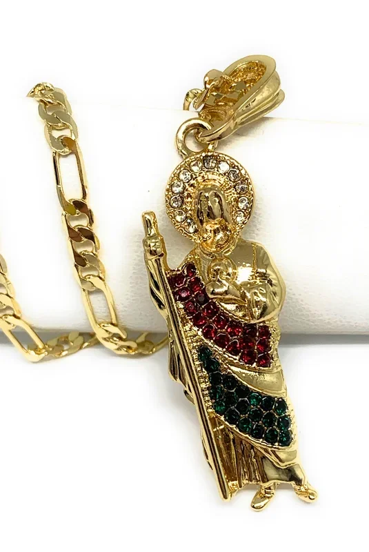 Gold Plated Saint Jude Pendant Red & Green CZ Necklace Figaro San Judas Tadeo Medalla 24″ Figaro