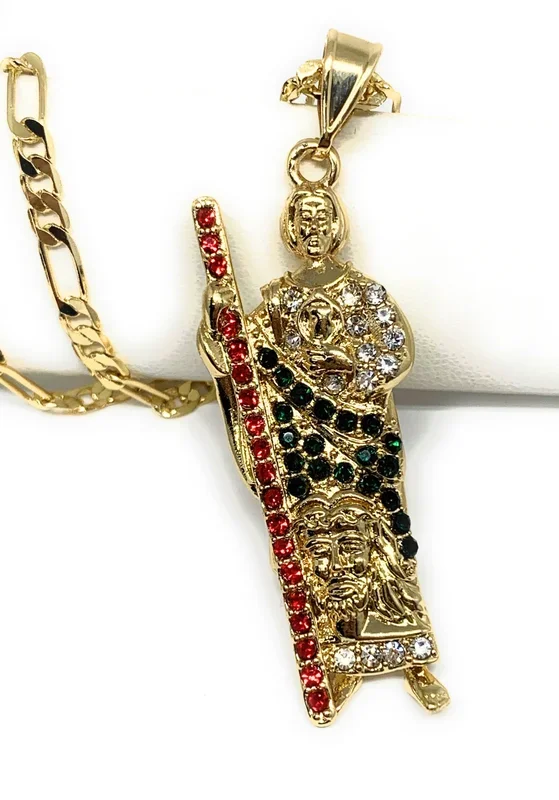 Gold Plated Saint Jude Pendant Red , White & Green CZ Necklace Figaro San Judas Tadeo Medalla 24″ Figaro
