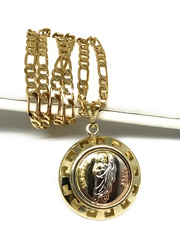 Gold Plated Saint Jude Small Dainty Round Pendant Necklace Figaro 24″ San Judas Tadeo Medalla
