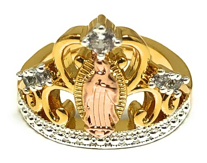 Gold Plated Tri-Color CROWN Virgin Mary CZ Ring Virgen Guadalupe Anillo Adjustable Sizes (5-12)