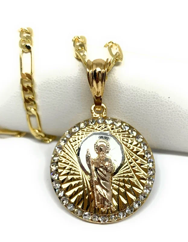 Gold Plated Tri-Color Saint Jude Pendant CZ Necklace Figaro San Judas Tadeo Medalla