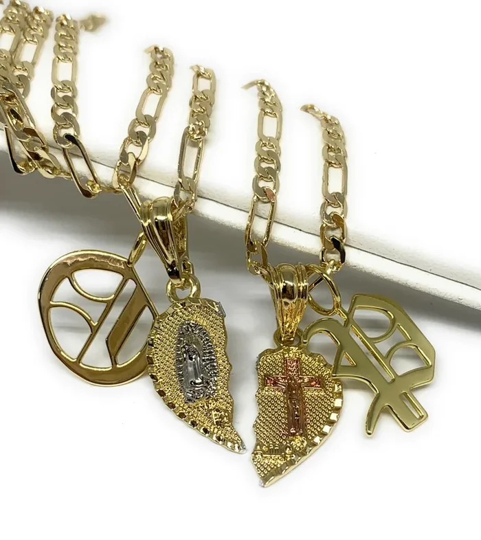 GOLD PLATED TRI-COLOR VIRGIN MARY & CHRIST “TE AMO” HEART SPLIT PENDANT & OLD ENGLISH INITIAL LETTER TWO NECKLACE SET 24″