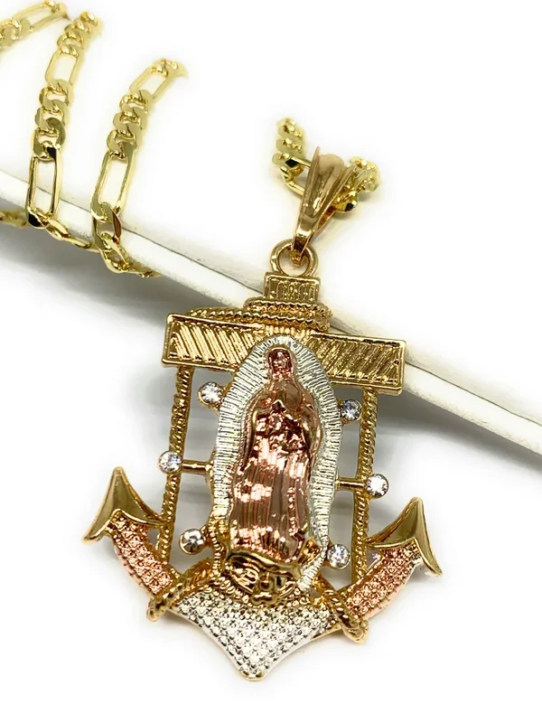 Gold Plated Tri-Color Virgin Mary Big XL Anchor Pendant 26″ Figaro Chain