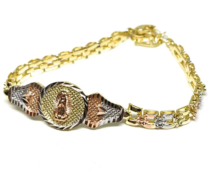 Gold Plated Tri-Color Virgin Mary Bracelet Virgen De Guadalupe Pulsera Tres Colores Oro Laminado 8″
