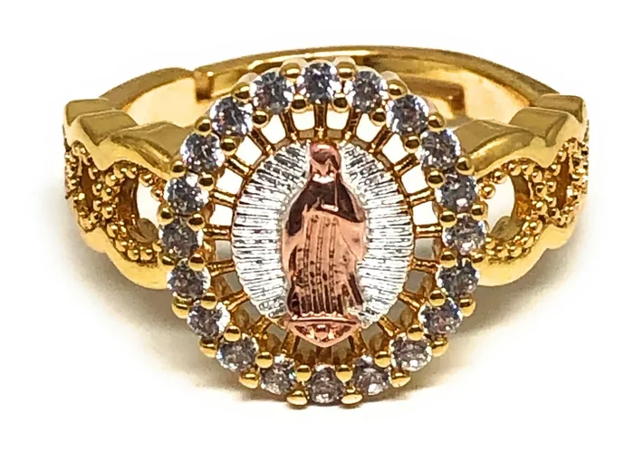 Gold Plated Tri-Color Virgin Mary CZ Ring Virgen Guadalupe Anillo Adjustable Sizes (5-12)
