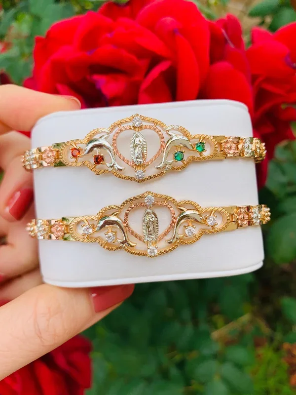 Gold Plated Tri-Color Virgin Mary Dolphin Heart Bracelet Virgen De Guadalupe Pulsera 8″