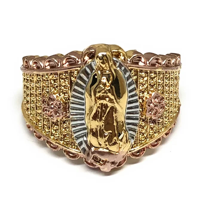 Gold Plated Tri-Color Virgin Mary Flower Ring Virgen De Guadalupe Anillo