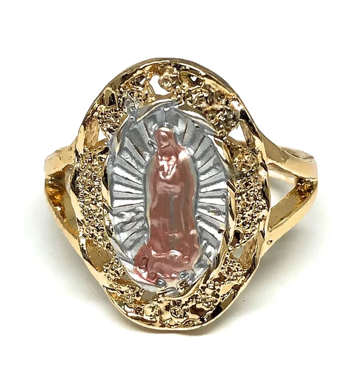 Gold Plated Tri-Color Virgin Mary Oval Ring Virgen Guadalupe Anillo