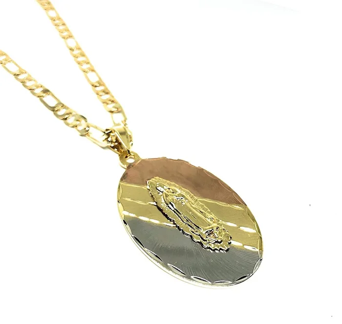 Gold Plated Tri-Color Virgin Mary Pendant Necklace Virgen De Guadalupe Medalla Tres Colores Oro Laminado