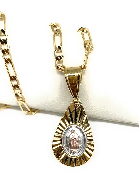 Gold Plated Tri-Color Virgin Mary Teardrop Pendant Necklace Figaro 24″ Virgen de Guadalupe Medalla