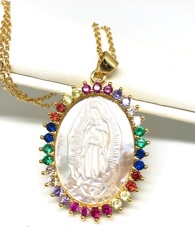 Gold Plated Virgin Mary Colorful Shell Style Pendant Necklace 20” Virgen de Guadalupe