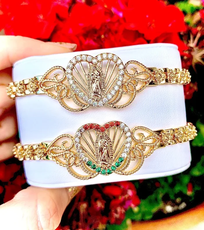 Gold Plated Virgin Mary Heart Bracelet Virgen De Guadalupe Pulsera 8″