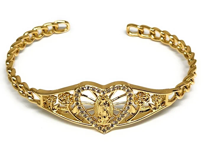Gold Plated Virgin Mary Heart CZ ADJUSTABLE BANGLE Bracelet Virgen De Guadalupe Esclava