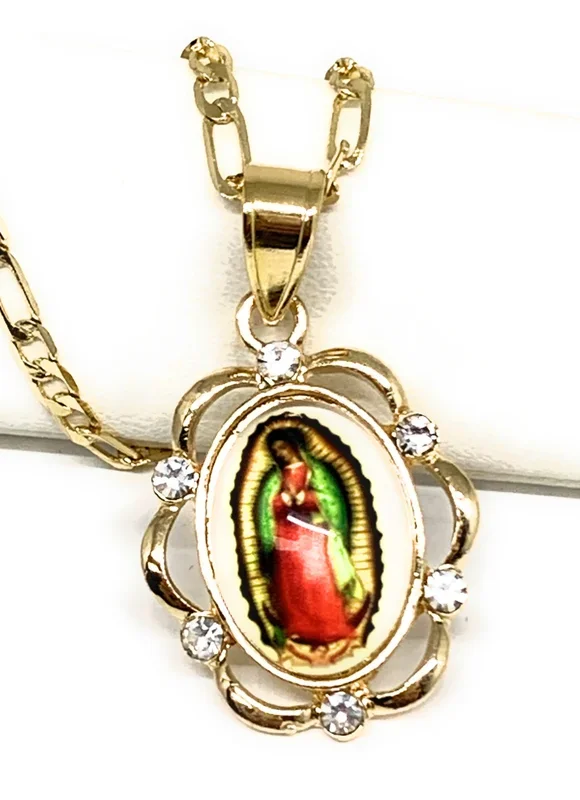 Gold Plated Virgin Mary Image Depiction CZ Pendant Necklace 24” Virgen de Guadalupe Medalla