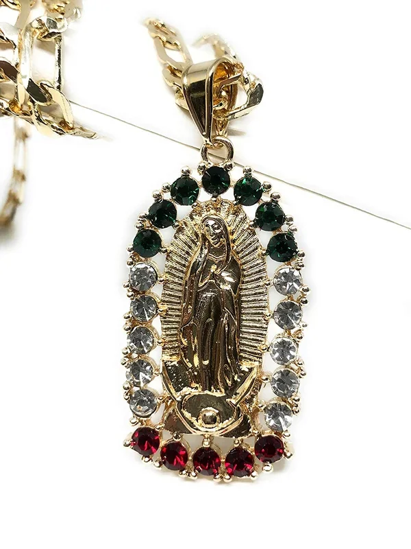 Gold Plated Virgin Mary Pendant Necklace Figaro 24″ Virgen de Guadalupe Medalla Oro Laminado