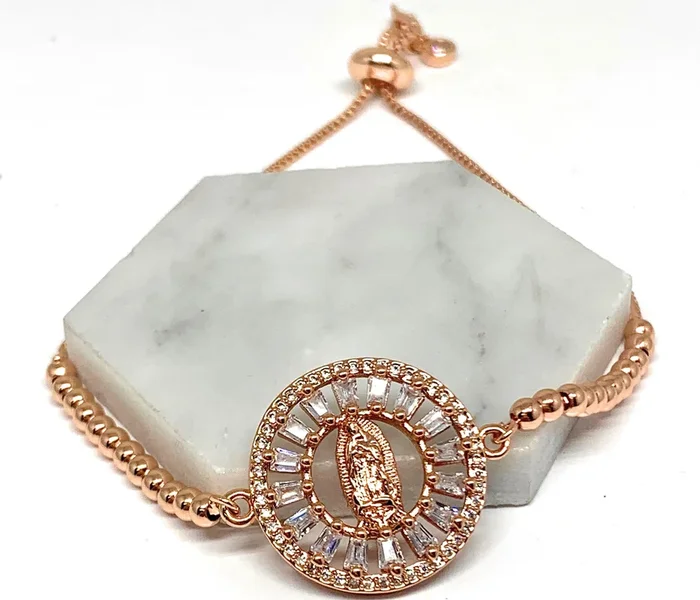 Gold Plated Virgin Mary Rose CZ Bracelet Virgen De Guadalupe Pulsera 8″ Adjustable