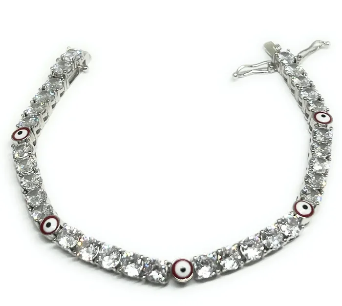 Gold Plated White Gold Evil Eye RED CZ Tennis Bracelet 7.5 inch