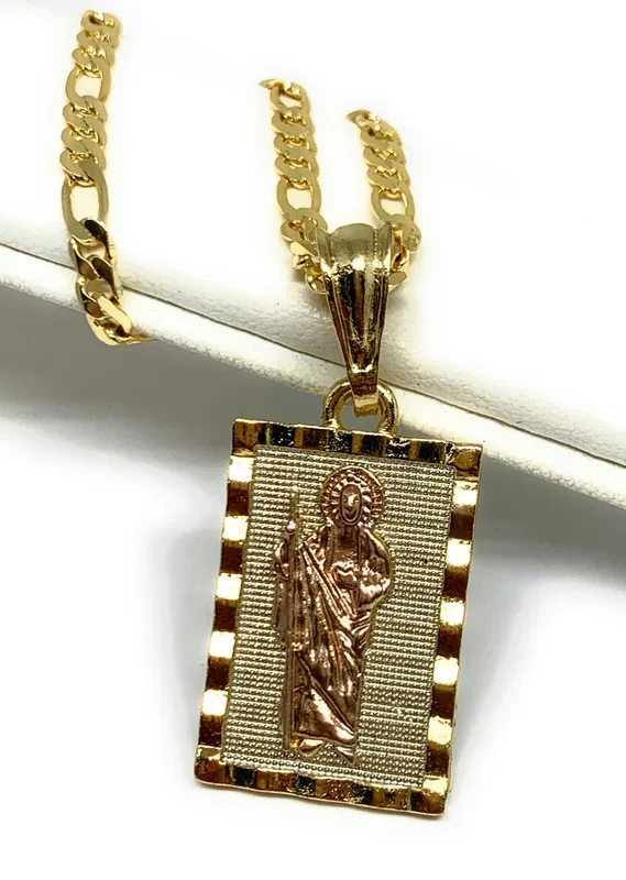 Gold Plated Yellow & Rose Saint Jude Pendant Necklace Figaro 24″ San Judas Tadeo Medalla